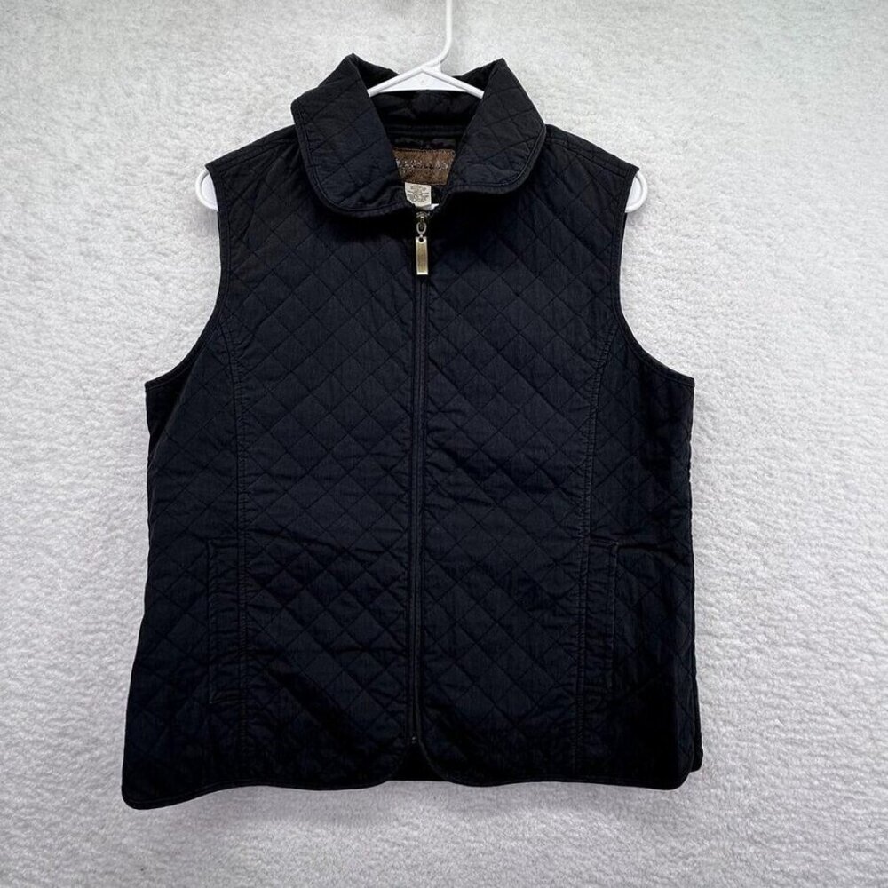 Magellan Sportswear Vest Womens Large Black Quilted Full Zip Brass Pull Collar